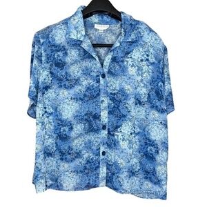 Studio‎ I Blue Top Women's 22W Blue Floral Button Blouse VTG Y2K Coastal Grandma